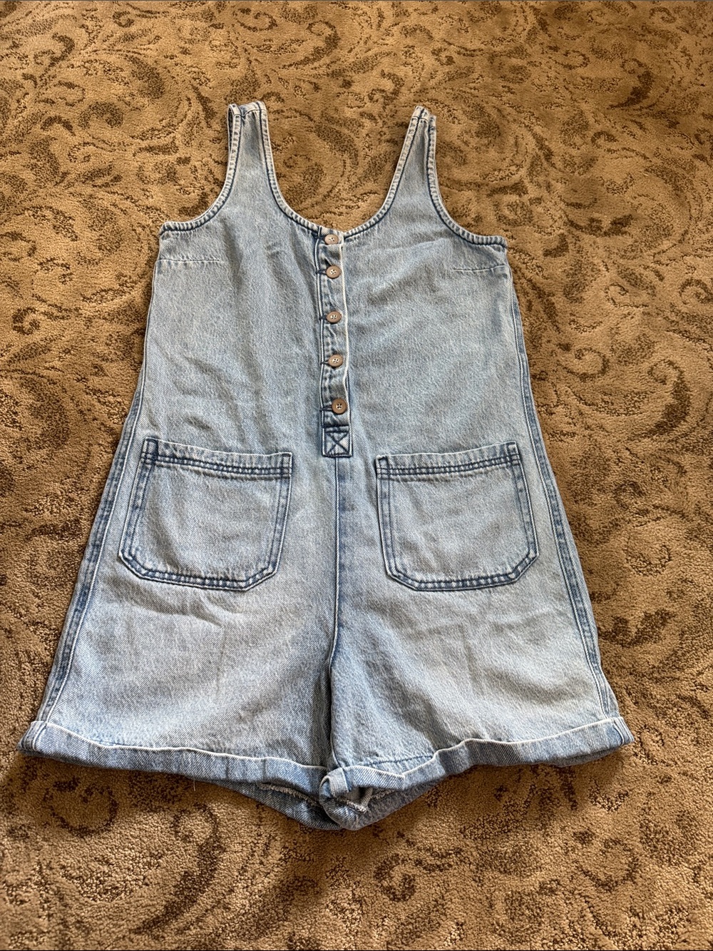 Light Wash Denim  One-Piece Romper with Front Pockets